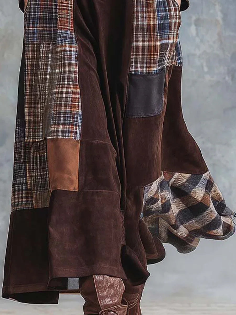 Brown Plaid Patchwork Vintage Faux Suede Maxi Dress (with belt)