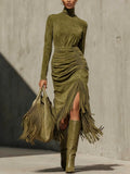 Olive Green High-neck Faux Suede Pleated Tassel Wrap Midi Dress