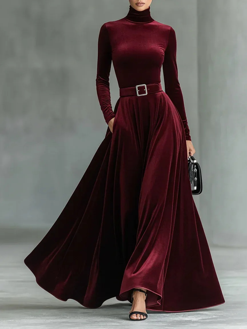 Minimalist Velvet Turtleneck Maxi Dress (with belt)