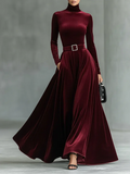 Minimalist Velvet Turtleneck Maxi Dress (with belt)