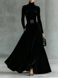 Minimalist Velvet Turtleneck Maxi Dress (with belt)