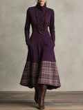 Purple Turtleneck Plaid Patchwork Faux Two-piece Midi Dress (necklace not included)