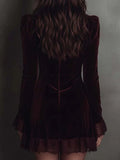 Burgundy Velvet Lace-trimmed V-neck Mini Dress