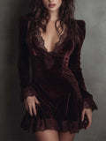Burgundy Velvet Lace-trimmed V-neck Mini Dress