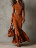Vintage Brown Zipper Belted Maxi Dress