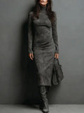 High Neck Long Sleeve Suede Midi Dress