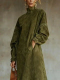 Suede Turtleneck Long Dress With Fringed Hem