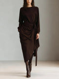 Dark brown draped tie-waist asymmetrical midi dress