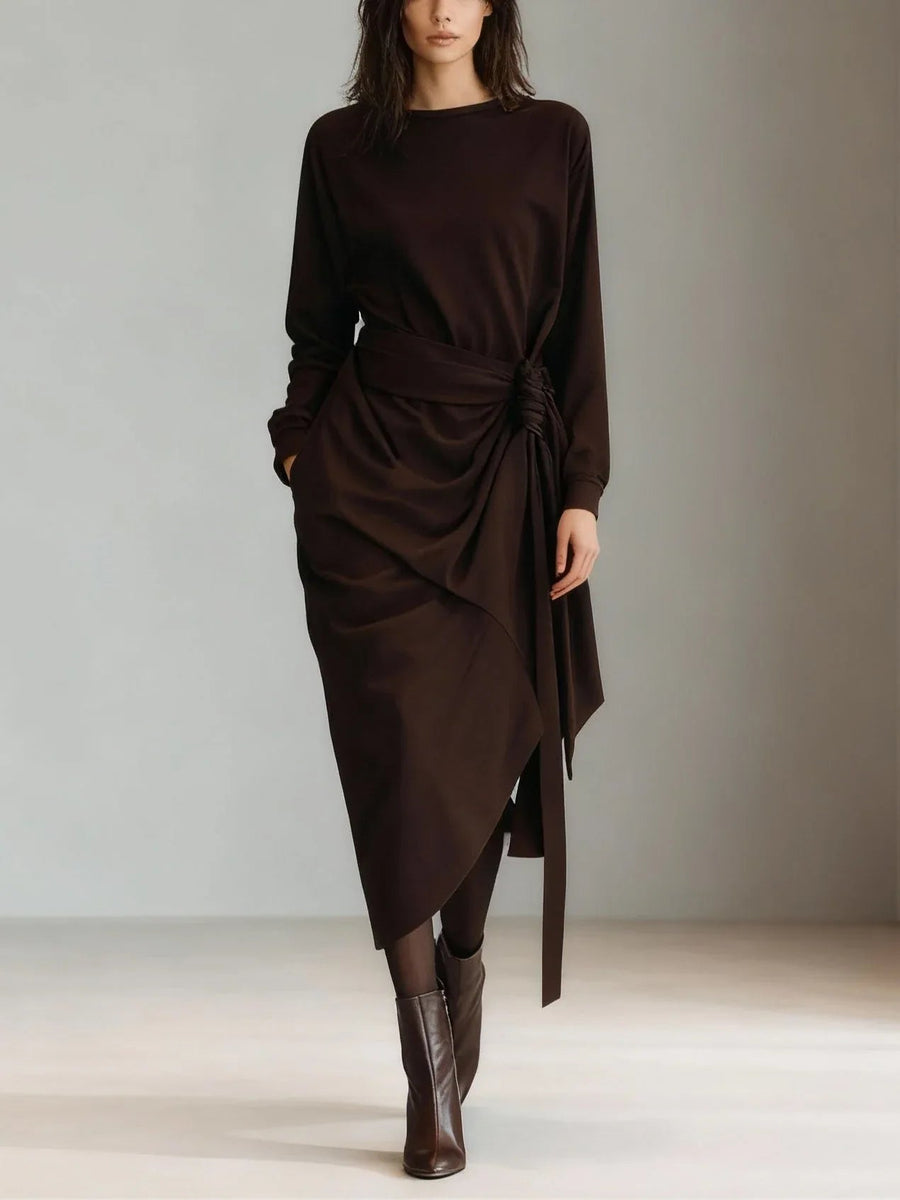 Dark brown draped tie-waist asymmetrical midi dress