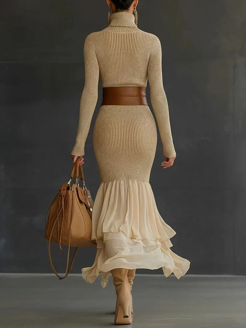 Turtleneck Bodycon Dress for Women Long Sleeve Knitted Maxi Dress Elegant Asymmetrical Ruffle Hem Evening Party Midi Dresses