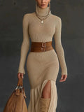 Turtleneck Bodycon Dress for Women Long Sleeve Knitted Maxi Dress Elegant Asymmetrical Ruffle Hem Evening Party Midi Dresses