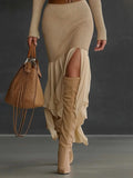 Turtleneck Bodycon Dress for Women Long Sleeve Knitted Maxi Dress Elegant Asymmetrical Ruffle Hem Evening Party Midi Dresses