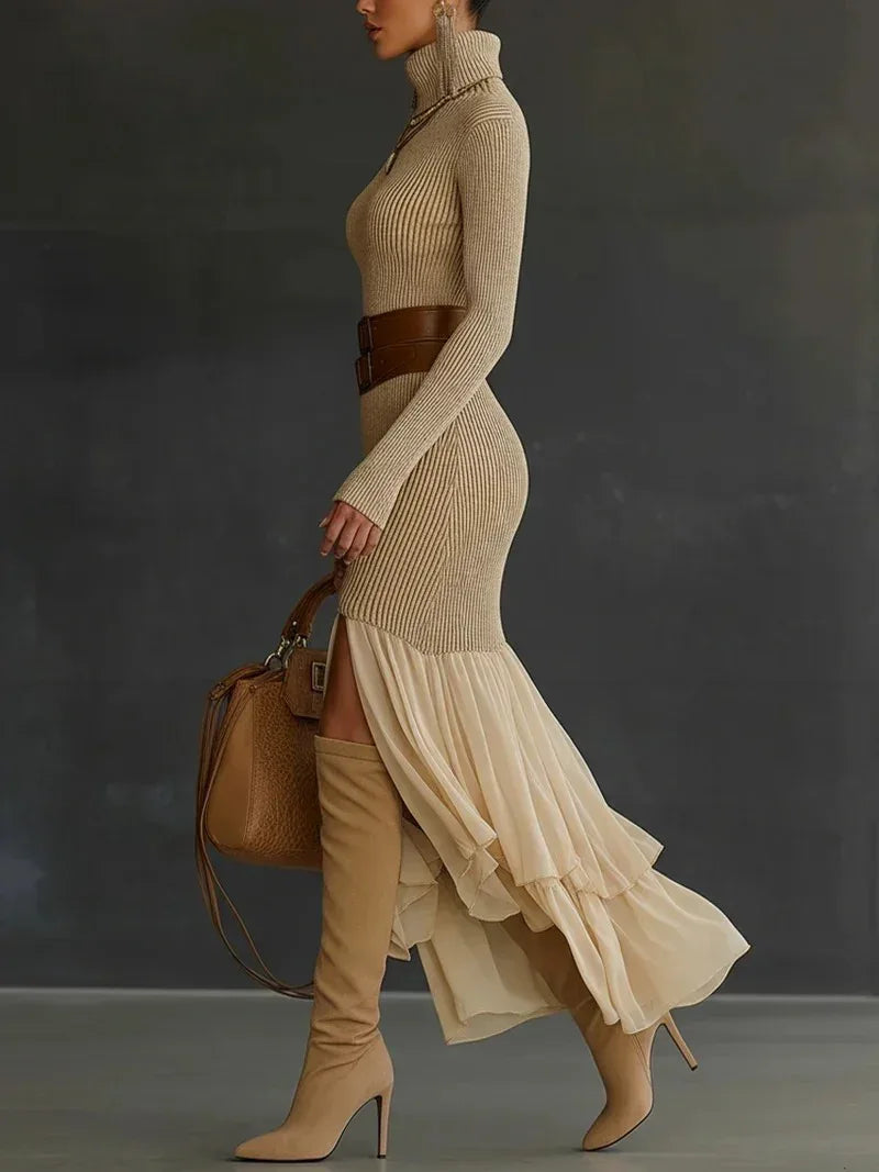 Turtleneck Bodycon Dress for Women Long Sleeve Knitted Maxi Dress Elegant Asymmetrical Ruffle Hem Evening Party Midi Dresses