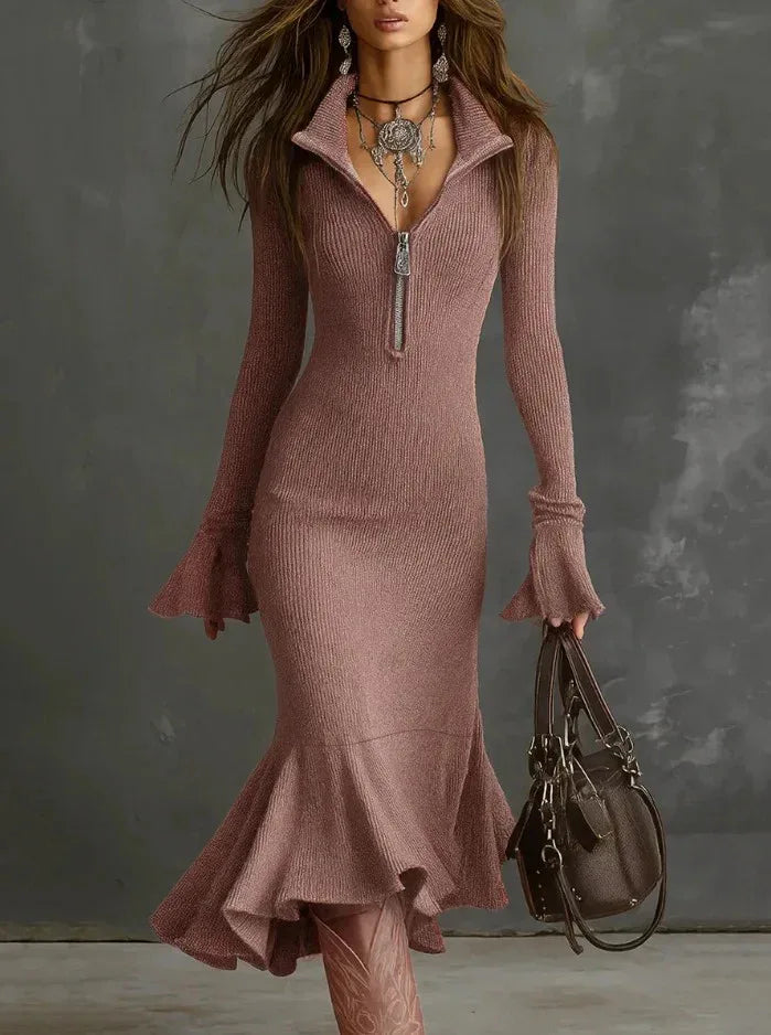 The Sienna Zip-Collar Ribbed Knit Dress